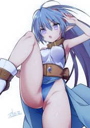 Rule 34 | 1girl, antenna hair, armpits, blue hair, blush, breasts, celsius, elf, covered erect nipples, long hair, medium breasts, open mouth, pointy ears, purple eyes, sleeveless, solo, stroma, tales of (series), tales of eternia