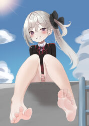 Rule 34 | 1girl, absurdres, barefoot, blue archive, blush, feet, grin, highres, long hair, looking at viewer, mutsuki (blue archive), panties, pantyshot, purple eyes, side ponytail, silver hair, sitting, smile, soles, striped clothes, striped panties, toes, underwear