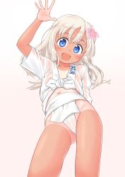 Rule 34 | 1girl, alternate costume, arm up, arms behind back, blonde hair, blue eyes, blush, breasts, commentary request, cowboy shot, flower, from below, gluteal fold, hair flower, hair ornament, headband, highres, iwaki kouji, japanese clothes, kantai collection, long hair, looking at viewer, mizu happi, navel, no pants, one-piece tan, open mouth, ro-500 (kancolle), see-through, shirt, short sleeves, simple background, small breasts, smile, solo, standing, sweat, tan, tanline, thighs, tied shirt, wet, wet clothes
