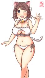 Rule 34 | 1girl, ahoge, animal ears, artist logo, bra, breasts, brown hair, cat cutout, cat ear panties, cat ears, cat girl, cat lingerie, cat tail, chougei (kancolle), cleavage cutout, clothing cutout, collarbone, dated, grey eyes, hair rings, highres, kanon (kurogane knights), kantai collection, large breasts, long hair, meme attire, navel, one-hour drawing challenge, one eye closed, open mouth, panties, side-tie panties, simple background, smile, solo, tail, underwear, underwear only, white background, white bra, white panties