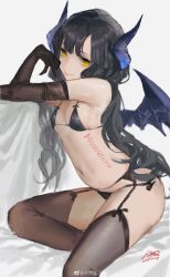Rule 34 | 1girl, absurdres, artist name, bikini, black bikini, black gloves, black hair, black panties, black thighhighs, body writing, breasts, cleavage, closed mouth, demon girl, elbow gloves, from side, garter belt, gloves, highres, horns, long hair, messikid, navel, original, panties, side-tie bikini bottom, sitting, sketch, small breasts, smile, solo, swimsuit, thighhighs, underwear, weibo watermark, wings, yellow eyes