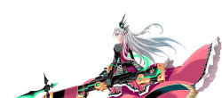 Rule 34 | 1girl, character request, cosmic break, frills, green eyes, hair ornament, highres, princess, solo, weapon, white hair
