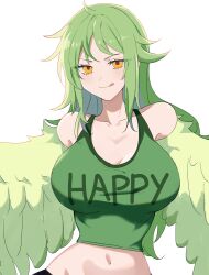 Rule 34 | 1girl, :q, absurdres, clothes writing, crop top, green hair, green shirt, harpy, highres, kasuga kaya, long hair, looking at viewer, messy hair, midriff, monet (one piece), monster girl, navel, one piece, orange eyes, shirt, simple background, solo, tongue, tongue out, white background, winged arms, wings