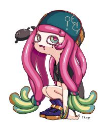 Rule 34 | 1girl, arms at sides, artist name, bangle, baseball cap, black shirt, blue headwear, blunt bangs, bracelet, child, clownfish, drooling, female focus, fish, flat chest, full body, green eyes, green hair, hair tie, harmony&#039;s clownfish (splatoon), harmony (splatoon), hat, highres, jewelry, legs together, long hair, looking back, looking up, mouth drool, multicolored hair, nintendo, open mouth, pale skin, pink hair, pink pupils, purple footwear, shirt, shoes, shogo (shogo70449442), short sleeves, sidelocks, signature, simple background, solo focus, splatoon (series), splatoon 3, squatting, tropical fish, twintails, two-tone hair, very long hair, white background