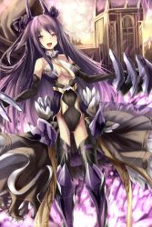 Rule 34 | 1girl, :d, armor, armored boots, bare shoulders, blush, bodysuit, boots, breasts, building, cleavage, cleavage cutout, clothing cutout, collar, fantasy, feather trim, highres, leotard, long hair, looking at viewer, medium breasts, open mouth, original, purple hair, smile, solo, standing, sunlight, thigh boots, thighhighs, tower, yellow eyes, yoshizawa tsubaki