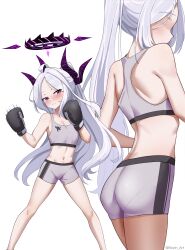Rule 34 | 1girl, absurdres, ass, black gloves, black horns, blue archive, blush, boxing gloves, breasts, closed mouth, collarbone, demon horns, gloves, grey hair, grey shorts, grey sports bra, halo, highres, hina (blue archive), horns, long hair, multiple horns, multiple views, navel, pantylines, parted bangs, purple eyes, shorts, simple background, small breasts, sports bra, twitter username, white background, whitek