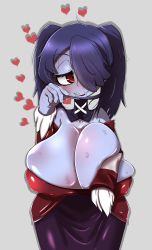 Rule 34 | 1girl, absurdres, asymmetrical hair, bare shoulders, black neckwear, blue hair, blue skin, breasts, colored skin, detached collar, detached sleeves, dress, fire, grey background, hair over one eye, highres, huge breasts, looking at viewer, neckwear request, red eyes, skeletal arm, skullgirls, smile, solo, squigly (skullgirls), stitched mouth, stitches, striped, striped sleeves, twintails, yellow eyes, zombie