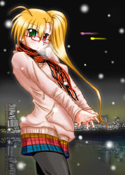 Rule 34 | 00s, 1girl, ahoge, bespectacled, blonde hair, cityscape, cowboy shot, glasses, green eyes, own hands clasped, heterochromia, highres, hood, hoodie, j-wabe, long hair, lyrical nanoha, mahou shoujo lyrical nanoha, mahou shoujo lyrical nanoha strikers, night, night sky, aged up, open mouth, outdoors, own hands together, pantyhose, plaid, ponytail, red eyes, scarf, side ponytail, skirt, sky, snow, solo, stretching, translation request, vivio, water