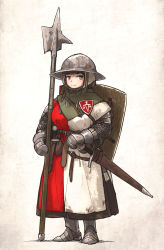 Rule 34 | 1girl, armor, belt, boots, brown hair, chainmail, full body, gambeson, gauntlets, gloves, greaves, halberd, helmet, highres, holding, holding weapon, ironlily, kettle helm, medieval, mole, mole under eye, original, polearm, scabbard, sheath, shield, shield on back, solo, standing, sword, weapon