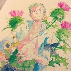 Rule 34 | 1boy, artist request, flower, green hair, haramaki, male focus, one-eyed, one piece, open clothes, open shirt, roronoa zoro, scar, shirt, solo, source request, thistle, traditional media, traditional media, travessinglethe