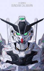 Rule 34 | absurdres, azzalea, character name, green eyes, grey background, gundam, gundam calibarn, gundam suisei no majo, highres, looking at viewer, mecha, mobile suit, no humans, portrait, robot, science fiction, simple background, solo, straight-on, v-fin