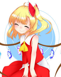 Rule 34 | 1girl, ascot, asymmetrical hair, asymmetrical wings, bare shoulders, blonde hair, bow, dress, closed eyes, fang, fang out, flandre scarlet, hair bow, highres, kameyan, red dress, short hair, side ponytail, sleeveless, sleeveless dress, smile, solo, touhou, wings