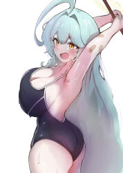 Rule 34 | 1girl, absurdres, abydos high school swimsuit, ahoge, aqua hair, armpits, ass, bandaid, bare arms, bare legs, bare shoulders, black one-piece swimsuit, blue archive, blush, breasts, cleavage, halo, highres, holding, huge ahoge, huge breasts, lir (cuhc3357), long hair, one-piece swimsuit, open mouth, school swimsuit, simple background, solo, swimsuit, white background, yellow eyes, yellow halo, yume (blue archive)
