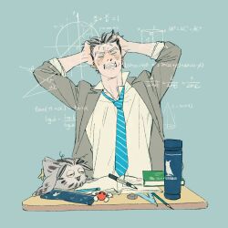 Rule 34 | 1boy, animal, arms up, bird, black hair, blue background, blue necktie, bokuto koutarou, book, bottle, calculus, chengongzi123, clenched teeth, closed eyes, clutching head, collared jacket, collared shirt, commentary, cropped torso, english commentary, facing viewer, furrowed brow, geometry, grey hair, grey jacket, haikyuu!!, highres, jacket, long sleeves, male focus, math, multicolored hair, necktie, owl, pencil, ruler, shirt, short hair, simple background, streaked hair, striped necktie, teeth, thick eyebrows, trigonometry, very short hair, water bottle, white shirt
