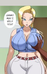 Rule 34 | 1boy, 1girl, absurdres, android 18, blonde hair, blue eyes, breasts, clothes, dark-skinned male, dark skin, dragon ball, dragon ball super, earrings, english text, expressionless, grabbing, grabbing another&#039;s breast, gt18art, highres, huge breasts, interracial, jewelry, looking at viewer, medium hair, netorare, open mouth, piercing, pov, speech bubble