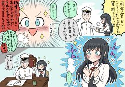 Rule 34 | 1boy, 1girl, admiral (kancolle), anniversary, asashio (kancolle), asashio kai ni (kancolle), black dress, black hair, blue eyes, commentary request, desk, dress, heavy breathing, jacket, kakincho, kantai collection, long hair, pinafore dress, sleeveless dress, smug, sparkle, translation request, upper body, white jacket