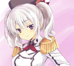 Rule 34 | 10s, 1girl, beret, blush, buttons, closed mouth, double-breasted, epaulettes, hair between eyes, hat, kantai collection, kashima (kancolle), long sleeves, looking at viewer, purple eyes, shibamine takashi, sidelocks, smile, solo, twintails, wavy hair, white hair
