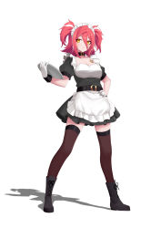 Rule 34 | 1girl, absurdres, alternate costume, bandaid, belt, black belt, black collar, black dress, black footwear, black thighhighs, boots, brown eyes, collar, dress, enmaided, eyeshadow, gloves, hair between eyes, hand on own hip, highres, holding, holding tray, hololive, hololive china, maid, maid headdress, makeup, red eyeshadow, red hair, skindentation, smile, solo, thighhighs, tray, twintails, virtual youtuber, white gloves, yogiri (hololive), z-jun.dd-zhong