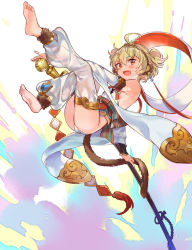Rule 34 | 1girl, :d, ahoge, andira (granblue fantasy), animal ears, barefoot, blonde hair, detached sleeves, full body, granblue fantasy, kobato neneko, leotard, looking at viewer, monkey ears, monkey tail, multicolored background, open mouth, red eyes, see-through, short hair, short twintails, smile, solo, staff, tail, thighhighs, twintails, white leotard, white sleeves, white thighhighs