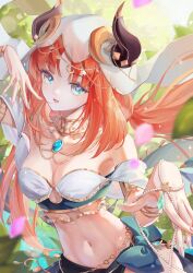 Rule 34 | 1girl, absurdres, adapted costume, armlet, bare shoulders, blue eyes, commentary, crop top, fake horns, genshin impact, highres, horns, jewelry, kns hanazuna, long hair, looking at viewer, midriff, navel, neck ring, nilou (genshin impact), off-shoulder shirt, off shoulder, parted lips, red hair, shirt, short sleeves, solo, stomach, upper body, veil, very long hair