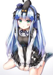 Rule 34 | 1girl, :o, animal, animal on head, bad id, bad pixiv id, beliatan, black cat, black ribbon, blue hair, blunt bangs, blush, bow, bowtie, cat, cat on head, checkered bow, checkered clothes, checkered neckwear, collared shirt, cross, dress, eyes visible through hair, frilled dress, frills, full body, girls&#039; frontline, green eyes, hair between eyes, hair ornament, hair ribbon, hat, highres, hk416 (black kitty&#039;s gift) (girls&#039; frontline), hk416 (girls&#039; frontline), iron cross, kneeling, long hair, long sleeves, looking at viewer, looking up, mary janes, mini hat, official alternate costume, on head, open mouth, ribbon, shirt, shoes, sidelocks, simple background, sitting, two side up, v arms, wariza, white background