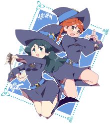 Rule 34 | 2girls, aqua eyes, barbara parker, belt, black hair, blush, boots, breasts, character name, hannah england, hat, hys-d, little witch academia, long hair, looking at viewer, luna nova school uniform, multiple girls, open mouth, orange hair, outline, ponytail, school uniform, thighs, wand, white outline, witch, witch hat, yellow eyes