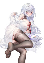 1girl breasts feet garter_straps genshin_impact highres large_breasts light_blush long_hair looking_at_viewer lying on_side parted_lips see-through_clothes see-through_legwear shenhe_(genshin_impact) soles thighhighs toes white_hair yue_xiao_e