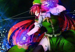 Rule 34 | 1girl, bad id, bad pixiv id, black thighhighs, braid, clothes lift, collared shirt, female focus, fighting stance, fingerless gloves, fire, frilled shirt, frills, gloves, green hat, hair ribbon, hat, hong meiling, long hair, petals, red eyes, red hair, ribbon, shirt, side slit, skirt, skirt set, solo, star (symbol), thighhighs, torio k, torizousui, touhou, twin braids, very long hair