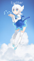 Rule 34 | 1girl, 2014, artist name, blowing, blue eyes, blue footwear, blue sky, blue theme, cloud, copyright name, dress, full body, head wings, icon (computing), juliet sleeves, long sleeves, personification, pinafore dress, puffy sleeves, shoes, short hair, silver hair, sky, sleeveless, sleeveless dress, twitter, wings, yoshizaki mine