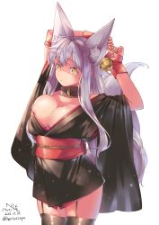 Rule 34 | 1girl, 2016, animal ears, arms up, bare shoulders, bell, belt, breasts, buckle, dated, fox ears, fox tail, garter straps, herio, highres, inverted nipples, japanese clothes, kimono, large breasts, long hair, nipple slip, nipples, no bra, obi, original, sash, shaded face, signature, silver hair, simple background, skindentation, solo, tail, thighhighs, white background, wide sleeves, yellow eyes