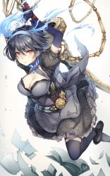 Rule 34 | 1girl, alice (sinoalice), belt, black hair, blue gloves, blush, book, breasts, chain, choker, cleavage, closed mouth, dress, elbow gloves, expressionless, gloves, holding, holding weapon, looking at viewer, pale skin, petticoat, puffy short sleeves, puffy sleeves, red eyes, short hair, short sleeves, sinoalice, solo, sword, teroru, thighhighs, weapon