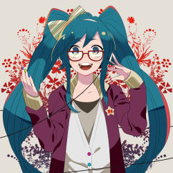 Rule 34 | 1girl, :d, aqua eyes, aqua hair, bespectacled, bow, glasses, hair bow, hands on headphones, hatsune miku, headphones, jacket, listening to music, long hair, looking at viewer, momoiro oji, multicolored nails, nail polish, open clothes, open jacket, open mouth, red-framed eyewear, round teeth, smile, solo, teeth, twintails, upper body, upper teeth only, vocaloid