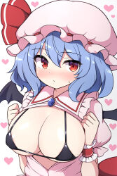 Rule 34 | 1girl, :/, alternate breast size, bat wings, bikini, black bikini, blue hair, blush, breasts, brooch, cleavage, clothes lift, frilled shirt collar, frills, hair between eyes, hands up, hat, heart, heart background, highres, jewelry, large breasts, lifted by self, medium hair, mob cap, red eyes, remilia scarlet, ribbon, rizento, shirt lift, simple background, solo, sweat, swimsuit, touhou, upper body, white background, wings, wrist cuffs