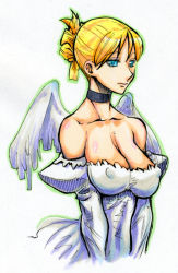 Rule 34 | 1girl, angel, blonde hair, blue eyes, breasts, cleavage, covered erect nipples, kikuta, large breasts, solo, wings