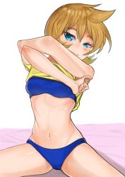 Rule 34 | 1girl, :3, arms up, bare arms, bed sheet, bikini, bikini under clothes, blue bikini, blue eyes, blush, breasts, cameltoe, closed mouth, clothes lift, cosplay, creatures (company), crossed arms, female focus, game freak, gatchan, gym leader, half-closed eyes, lifted by self, looking at viewer, medium breasts, misty (pokemon), misty (pokemon) (cosplay), navel, nintendo, pinky out, pokemon, pokemon (anime), pokemon hgss, ribs, seductive smile, shiny skin, shirt, shirt lift, short hair, short sleeves, simple background, sitting, smile, solo, spread legs, stomach, swimsuit, swimsuit under clothes, tsurime, undressing, white background, yellow shirt