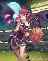 Rule 34 | 10s, 1girl, bat wings, blowing kiss, bushiroad, cardfight!! vanguard, cheer girl marilyn, cheerleader, contrapposto, demon girl, drill hair, full moon, hair ornament, hairclip, heart, moon, official art, one eye closed, pointy ears, red hair, ringlets, skirt, solo focus, spike brothers, stadium, standing, demon girl, tail, tattoo, terumii, thigh strap, wings, wink