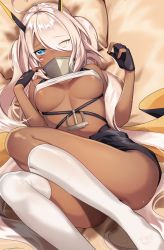 Rule 34 | 1girl, ahoge, anchor, ass, asymmetrical legwear, azur lane, bandeau, bare arms, bare shoulders, black gloves, blue eyes, breasts, breasts apart, commentary request, covered erect nipples, covered mouth, dark-skinned female, dark skin, eyes visible through hair, facial mark, gloves, hair over one eye, hands up, headgear, heart, heart ahoge, heterochromia, highres, indianapolis (azur lane), kinsenka momi, kneehighs, long hair, looking at viewer, lying, medium breasts, no shoes, on back, partially fingerless gloves, pillow, signature, silver hair, single kneehigh, single sock, single thighhigh, socks, solo, thighhighs, twintails, uneven legwear, very long hair, white socks, yellow eyes