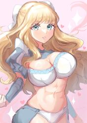 Rule 34 | 1girl, armor, bandeau, blonde hair, blue eyes, bow, breasts, charlotte (fire emblem), commentary, fire emblem, fire emblem fates, hair bow, heart, highres, large breasts, long hair, looking at viewer, midriff, navel, nintendo, parted lips, pink background, shoulder armor, sketch, solo, stomach, upper body, very long hair, white bow, youhei choregi