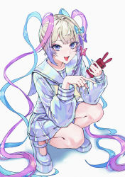 Rule 34 | 1girl, absurdres, blue eyes, blue hair, bow, bowtie, cellphone, chouzetsusaikawa tenshi-chan, full body, gradient hair, hair bow, highres, holding, holding phone, holographic clothing, long hair, looking at viewer, multicolored hair, multicolored nails, multiple hair bows, nail polish, needy girl overdose, open mouth, phone, pink hair, platform footwear, pleated skirt, purple z, sailor collar, school uniform, serafuku, silver hair, simple background, skirt, smartphone, smile, solo, squatting, very long hair, white background