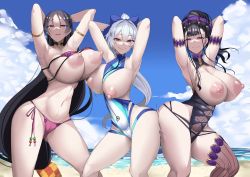 Rule 34 | 3girls, arms up, ass-to-ass, backless outfit, beach, between breasts, bikini, bikini top lift, black hair, breast rest, breastless clothes, breasts, breasts out, clothes lift, fate/grand order, fate (series), female focus, hip vent, huge breasts, ky., large breasts, long hair, minamoto no raikou (fate), multiple girls, murasaki shikibu (fate), nipples, ocean, one-piece swimsuit, ponytail, red eyes, side-tie bikini bottom, silver hair, sky, smile, swimsuit, tomoe gozen (fate), very long hair
