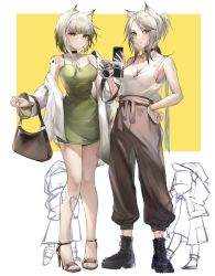 Rule 34 | 2girls, 2others, absurdres, alternate costume, alternate hairstyle, animal ears, arknights, bag, bare arms, bare legs, bare shoulders, black choker, black footwear, boots, breasts, camera, cat ears, cellphone, chinese commentary, choker, cleavage, commentary request, doctor (arknights), dress, dual persona, full body, green dress, green eyes, grey pants, half updo, hand on own hip, hand up, handbag, high heels, highres, holding, holding camera, holding phone, jacket, kal&#039;tsit (arknights), long sleeves, looking at viewer, material growth, medium breasts, medium hair, multiple girls, multiple others, off shoulder, open clothes, open jacket, oripathy lesion (arknights), pants, phone, short dress, short hair, sleeveless, sleeveless dress, smartphone, spaghetti strap, standing, tabayashi, tank top, thighs, white hair, white jacket, white tank top