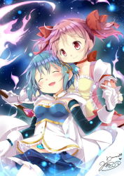Rule 34 | 10s, 2014, 2girls, :d, ^ ^, blue hair, blush, bow, bow (weapon), brooch, cape, choker, closed eyes, dated, fortissimo, friends, gleision adain, gloves, hair bow, hair ornament, holding hands, jewelry, kaname madoka, magical girl, mahou shoujo madoka magica, mahou shoujo madoka magica (anime), miki sayaka, multiple girls, musical note, musical note hair ornament, official style, open mouth, pink eyes, pink hair, short hair, short twintails, signature, skirt, smile, tears, twintails, weapon, white gloves