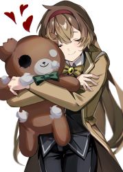 Rule 34 | 1girl, black pants, black vest, bow, bowtie, brown bow, brown bowtie, brown coat, brown hair, closed eyes, coat, collared shirt, cowboy shot, facing viewer, hair between eyes, hairband, happy teddy bear, heart, highres, library of ruina, long hair, malkuth (project moon), mu46016419, hugging object, pants, project moon, red hairband, shirt, simple background, smile, solo, stuffed animal, stuffed toy, teddy bear, vest, white background, white shirt