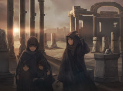 Rule 34 | 1girl, 3boys, angry, backlighting, bad id, bad pixiv id, bracelet, bridal gauntlets, child, cloud, column, crossed arms, desert, family, fantasy, hand on own head, hanno, hood, jewelry, lens flare, looking to the side, multiple boys, open mouth, original, pillar, robe, ruins, scenery, sky, sunset