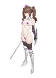 Rule 34 | 1girl, absurdres, alternate costume, areola slip, arm shield, armor, armored boots, armpit crease, bare shoulders, bikini, bikini armor, black gloves, black thighhighs, boots, breasts, brown eyes, brown hair, collar, collarbone, elbow gloves, expressionless, from side, full body, gloves, groin, groin tendon, hair intakes, hat, highres, himekaidou hatate, holding, holding sword, holding weapon, knee boots, long hair, looking at viewer, looking to the side, medium breasts, metal collar, micro bikini, navel, ni (221), pale skin, parted lips, partially visible vulva, pointy ears, purple bikini, purple hat, shield, silver trim, simple background, solo, standing, stomach, string bikini, swimsuit, sword, tachi-e, thighhighs, tokin hat, touhou, twintails, wavy hair, weapon, white background