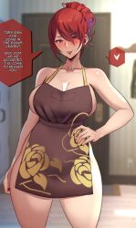 Rule 34 | 1girl, apron, blush, breasts, brown apron, cleavage, cowboy shot, english text, hair over one eye, hand on own hip, heart, highres, indoors, kirijou mitsuru, lainart, large breasts, long hair, looking at viewer, naked apron, persona, persona 3, red eyes, red hair, red lips, red nails, smile, solo, speech bubble, spoken heart, standing