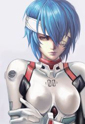 Rule 34 | 1girl, ayanami rei, bandage over one eye, bandages, blue hair, bodysuit, breasts, breasts apart, commentary, covered erect nipples, dantewontdie, english commentary, eyelashes, gloves, grey background, hands up, highres, holding own arm, lips, looking at viewer, neon genesis evangelion, nose, pale skin, pilot suit, plugsuit, realistic, red eyes, revision, short hair, simple background, skin tight, small breasts, solo, upper body, white background, white bodysuit