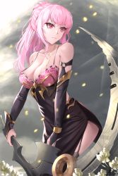 Rule 34 | 1girl, absurdres, bare chest, bare shoulders, breasts, cleavage, collarbone, detached sleeves, dress, highres, holding, holding weapon, hololive, hololive english, holomyth, keisuke desu~, large breasts, medium hair, mori calliope, pink eyes, pink hair, ponytail, scythe, standing, virtual youtuber, weapon