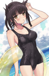 Rule 34 | 1girl, alternate costume, beach, black hair, black headband, black one-piece swimsuit, blush, breasts, brown eyes, cleavage, cloud, cloudy sky, collarbone, covered navel, cowboy shot, dutch angle, gluteal fold, hair flaps, hairband, hatsuzuki (kancolle), headband, highres, innertube, kantai collection, looking at viewer, ocean, one-piece swimsuit, outdoors, sand, school swimsuit, short hair, sky, small breasts, solo, sweatdrop, swim ring, swimsuit, waco, water