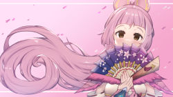 Rule 34 | 1girl, animal ears, blush, breasts, brown eyes, commentary request, commission, covered mouth, detached sleeves, floating hair, folding fan, gradient background, hand fan, hands up, holding, holding fan, japanese clothes, kimono, long hair, looking at viewer, medium breasts, mizutsune (armor), monster hunter (series), own hands together, petals, pink background, pink hair, ribbon-trimmed sleeves, ribbon trim, solo, uneg, very long hair, white kimono, white sleeves